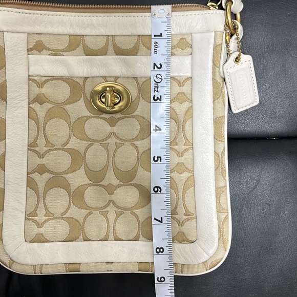 Coach Logo Crossbody Button Lock Inside Outside Pockets Cream Tan Leather Accent - Picture 9 of 10